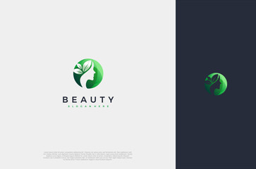 Natural beauty woman face and leaf logo. Concept for business industry of beauty fashion, salon, nature care, hair care, health, personal hygiene, makeup artist. Vector illustration