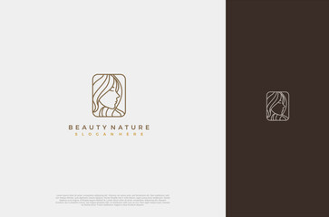 Natural beauty woman face logo. Concept for business industry of beauty fashion, salon, nature care, hair care, health, personal hygiene, makeup artist. Vector illustration