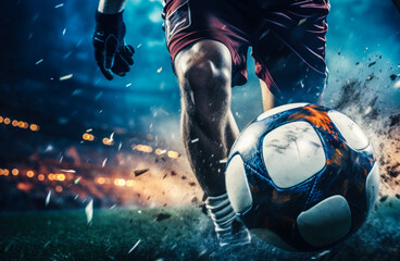 Midnight Strike: Soccer Shoe Powerfully Kicking the Ball Under Night Sky
