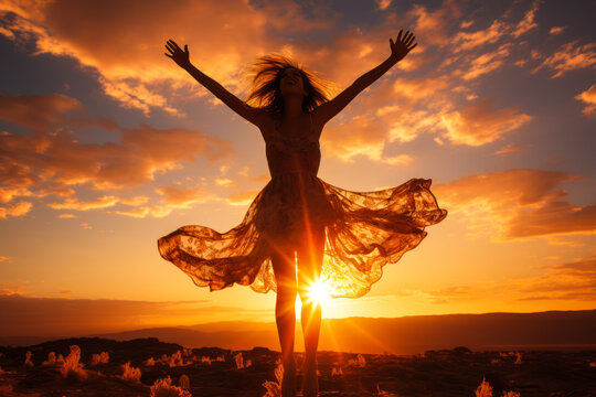 Vibrant blonde woman leaping joyously in a short skirt, arms and legs outstretched against radiant sunset. Embodying freedom, style & youthful energy.