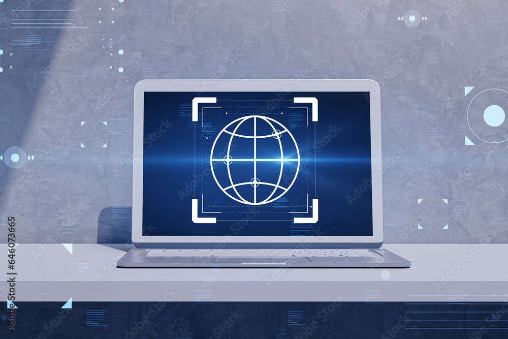 Aufkleber Close up of laptop with creative hacking interface on concrete wall background. Code window high tech UI and spyware concept. 3D Rendering.