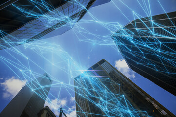 Glowing polygonal mesh on bright city texture. Smart city concept. Double exposure.