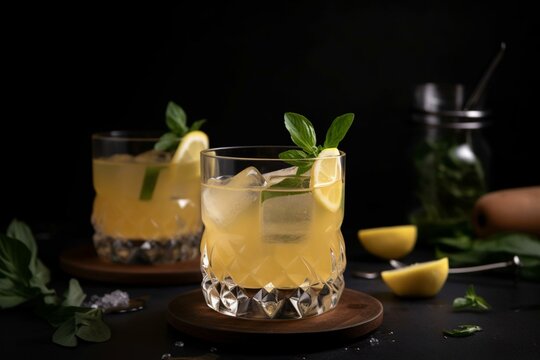 Organic non-alcohol cocktail with honey, ginger, lemonade, and basil flavor. Generative AI
