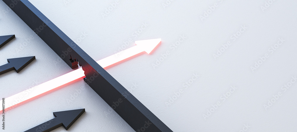 Aufkleber Abstract illuminated golden arrow breaking through wall on light background with mock up place. Leadership and breakthrough concept. 3D Rendering.