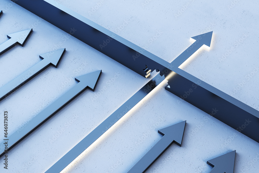 Poster Abstract illuminated blue arrow breaking through wall on light background. Leadership and breakthrough concept. 3D Rendering.