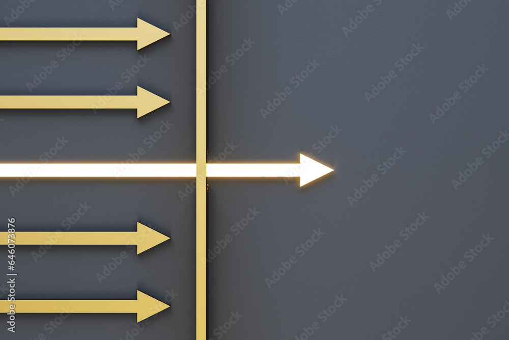 Poster Abstract illuminated golden arrow breaking through wall on dark backdrop with mock up place. Leadership and breakthrough concept. 3D Rendering.