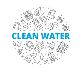 Set of linear icons for cleans water. Circular composition. It contains symbols such as filter, water, pool, glass, bottle and much more.