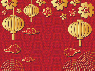 Asian background ,Oriental Japanese and Chinese style abstract background design with botanical flower and chinese lantern decorate