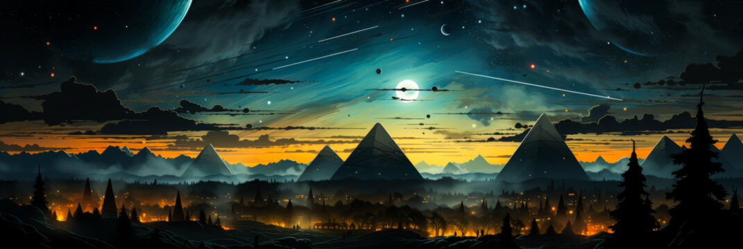 Whimsical Egyptian pyramid and Sphinx scene under a starry night sky, depicted through simplistic geometric shapes creating a naïve yet captivating charm.