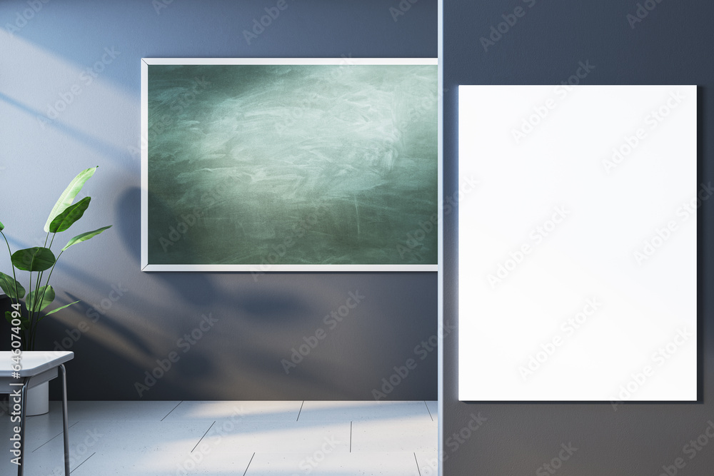 Poster modern classroom interior with empty mock up chalkboard and banner, white furniture, daylight and eq