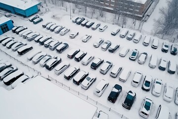 Aerial view of snow-covered cars in a winter parking lot. Generative AI