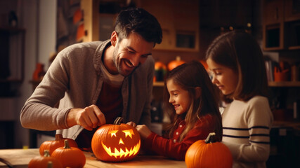 Father with daughters having fun while carving pumpkins on Halloween. Festively decorated kitchen. A glowing Jack-O-Lantern is on the table. Dad smiles and shows his children how to carve a pumpkin