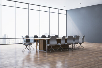 New meeting room interior with reflections on wooden flooring and panoramic window with city view and daylight. Commercial office concept. 3D Rendering.