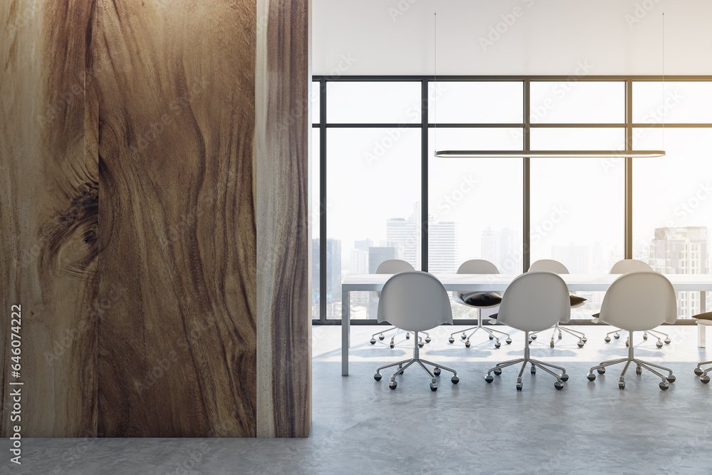 Poster modern light meeting room interior with empty mock up place on wooden wall, table, chairs, panoramic