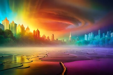 Bright rainbow colored background with a grunge texture and grafitti paint drops. Global colours...