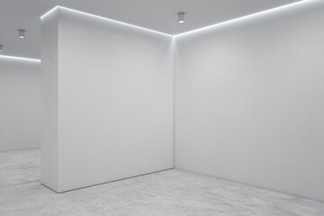 Luxury light concrete gallery interior with mock up place on wall. Art and display concept. 3D Rendering.