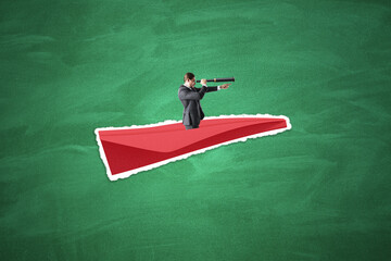 Fototapeta premium Side view of young businessman with telescope flying on abstract red paper plane on chalkboard wall background. Leadership, journey, discovery and career concept.