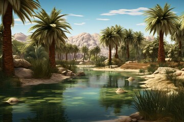 Water oasis with desert palm trees. Generative AI