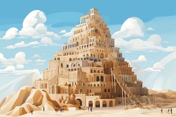 Abstract illustration of biblical Babel tower ziggurat construction. Generative AI - obrazy, fototapety, plakaty