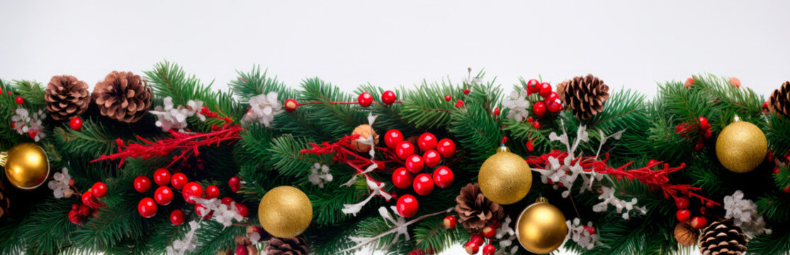 Festive Christmas border, isolated on white background. Fir green branches are decorated with gold stars, fir cones and red berries, close-up