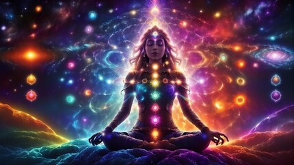 Transcendent Cosmic Meditation and Yoga Practice - Vast Cosmic Envisioning 16:9 - obrazy, fototapety, plakaty