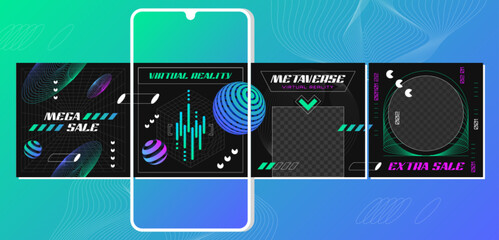 Retro futuristic instagram post carousel design template with abstract 3d geometric wireframe shapes, grids. Social media banners. Mobile application screens with graphic elements for sale advertising © redgreystock
