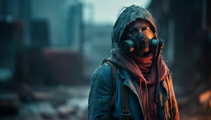 One man in protective workwear walking in dirty, spooky city generated by AI