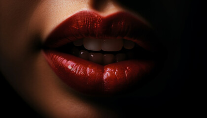 Fototapeta premium Beautiful woman with shiny lips exudes sensuality in close up portrait generated by AI