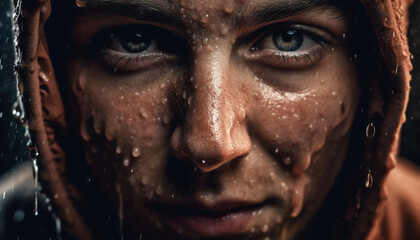 Fototapeta premium Smiling young adults looking at camera in wet winter rain generated by AI