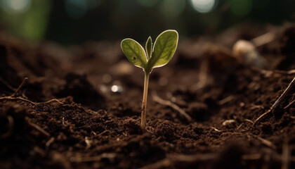 Fresh green seedling grows in muddy soil, symbolizing new beginnings generated by AI