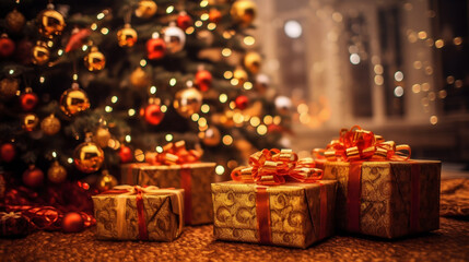 Cadeaux de Noël au pied du sapin, ambiance de fête avec des décorations, guirlandes et boules de Noël
