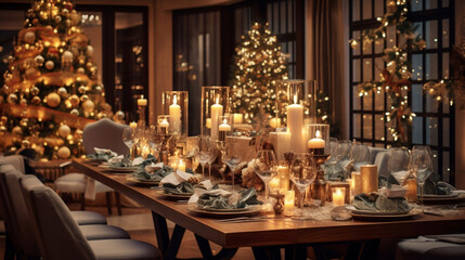 Fototapeta na wymiar Table décorée pour Noël avec des bougies, de la décoration et un sapin de Noël