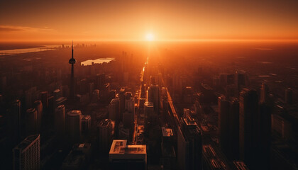 Fototapeta na wymiar Silhouette of modern city skyline glows in blue sunset light generated by AI