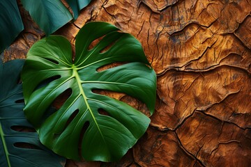 Background of tree bark with a monstera leaf. Generative AI