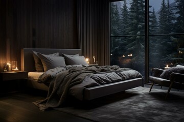 Contemporary Nordic bedroom with dimly lit walls. Generative AI