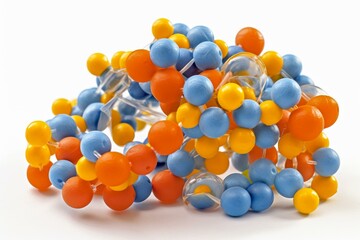 Structure of a low density lipoprotein (LDL) particle: blue - protein b100, orange+blue - phospholipids, orange+violet - cholesterol, yellow - cholesterolester and triglycerides. Generative AI