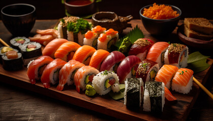 Gourmet seafood meal on wood plate maki sushi, sashimi, nigiri variation generated by AI