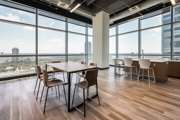 Modern shared workspace with stylish furniture, equipment, and city views. Generative AI