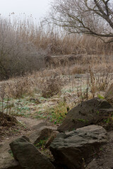 Fall Winter Natural Landscape with frosted trees and rocks. in Ukrainian Buki Cherkassy region