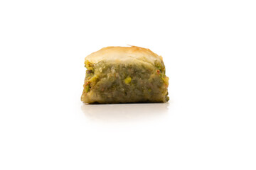 Turkish pistachio baklava isolated on white background.