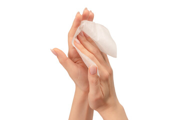 Wet wipe in a woman hand isolated on a white background.