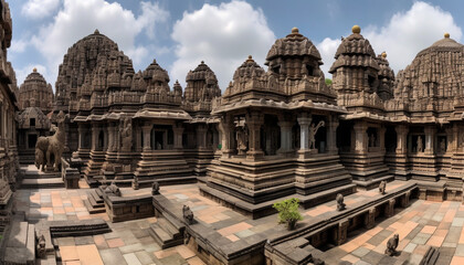 Ancient sandstone ruins of Hindu monument, ornate sculpture decoration generated by AI