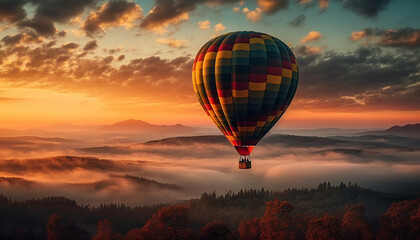 Multi colored hot air balloon gliding high up in mountain range generated by AI