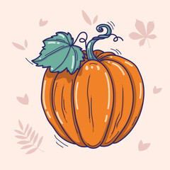 Vector hand drawn illustration of pumpkin with leaf in doodle style isolated on a light background with autumn leaves