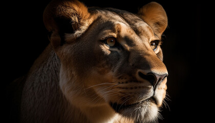 Majestic lioness staring at camera in African wilderness, alert and dangerous generated by AI
