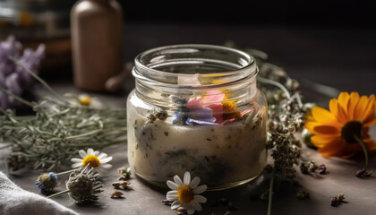 Organic herbal dessert Chamomile cream with blueberry and honey spoon generated by AI