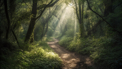 Tranquil forest footpath reveals the mystery of nature beauty generated by AI