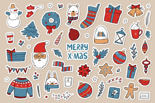 Christmas big set of hand drawn pre made stickers, cartoon elements, clip art for prints, cards, signs, posters, sublimations, etc. EPS 10