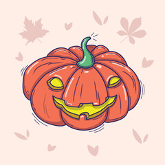 Vector illustration of Halloween funny pumpkin with carved mouth and eyes in doodle style isolated on a light background with autumn leaves. For banners, advertising, posters, backgrounds, invitations