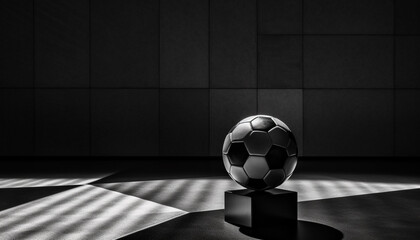 Modern soccer ball shines bright in empty competition backdrop generated by AI